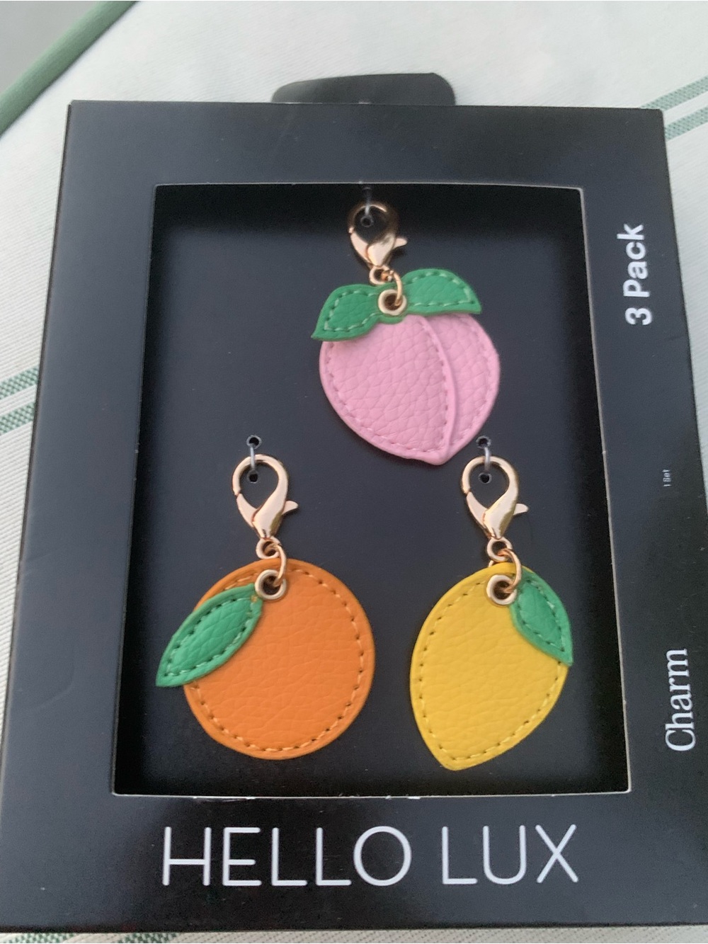 NIB Fruit Leather Charm 3 pc Set - Pink, Orange & Yellow